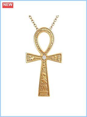 14K Gold Plated Moissanite Ankh Cross Pendant Necklace 18+2in Adjustable